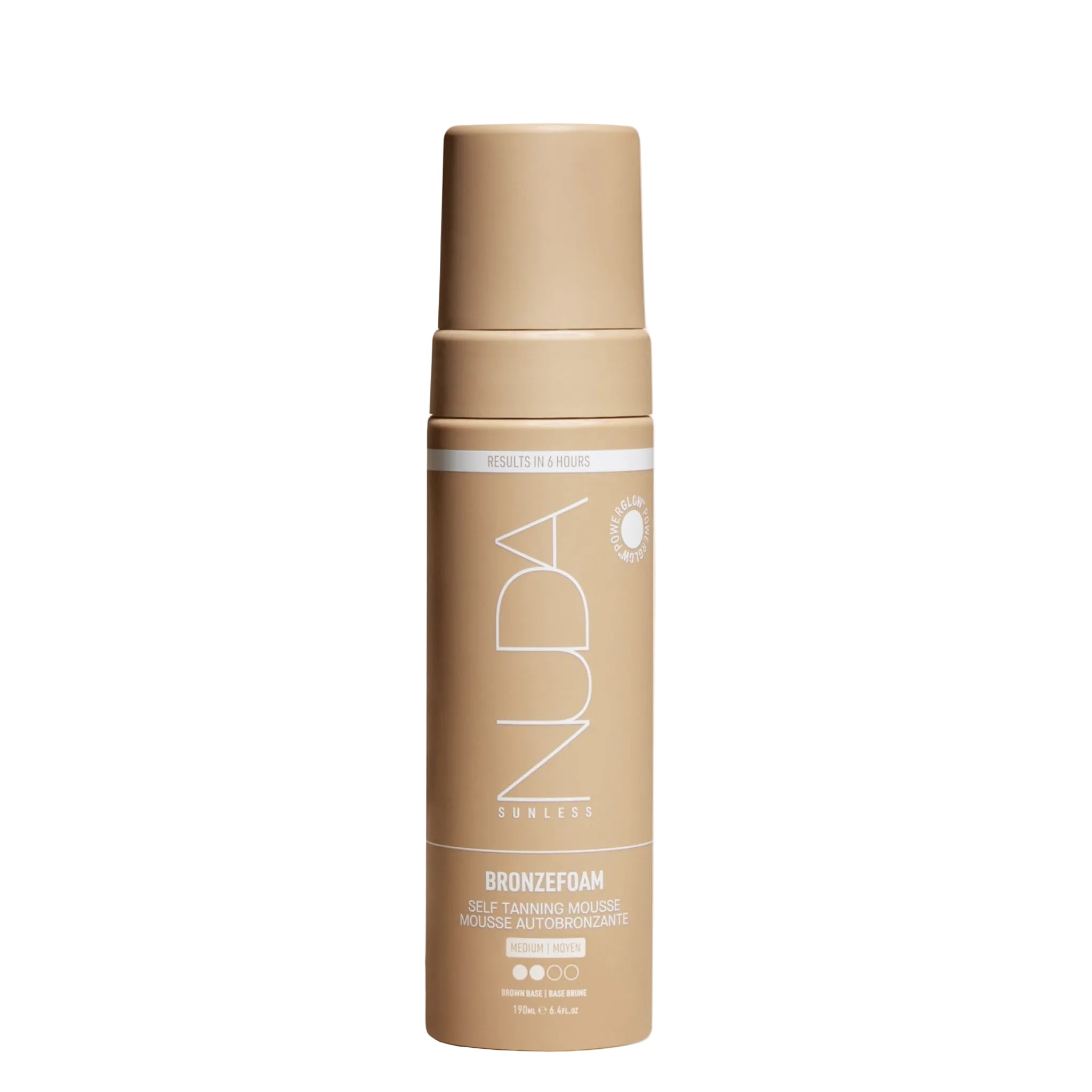 Nuda bronzer foam bottle on a white background