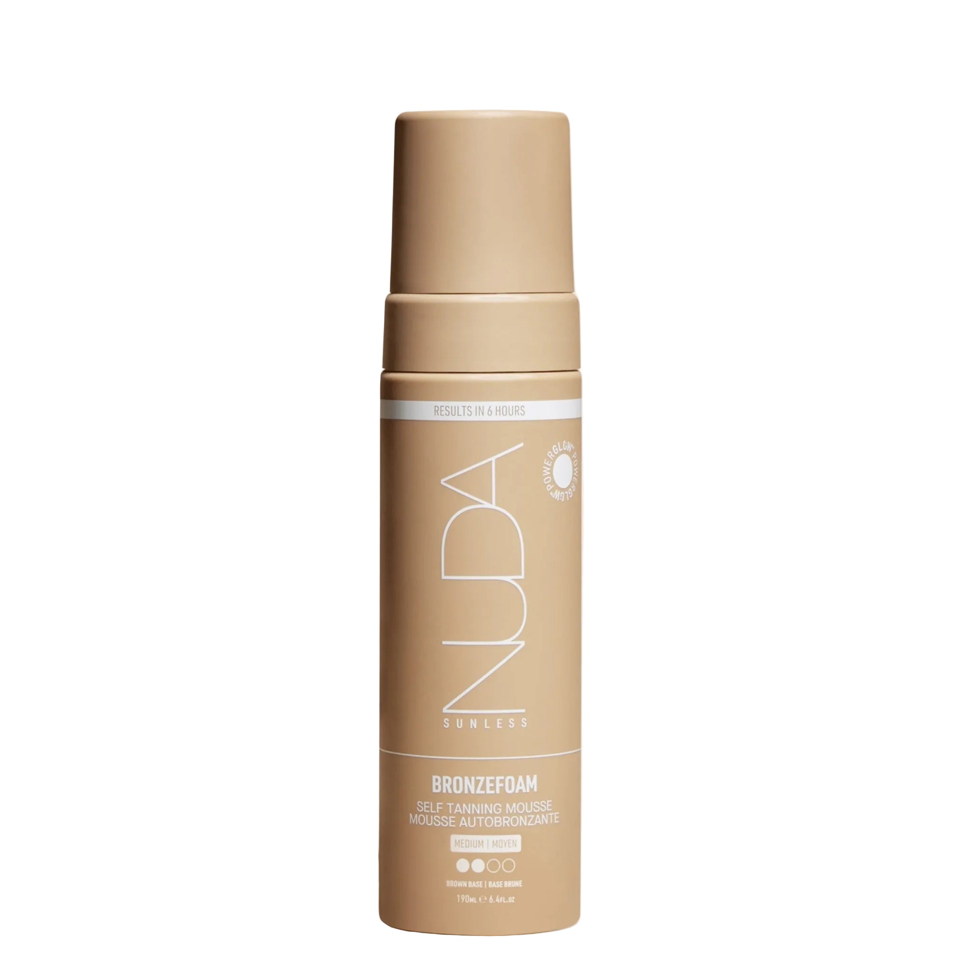 Nuda bronzer foam bottle on a white background