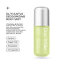 Green deodorizing body mist bottle with silver cap on a white background