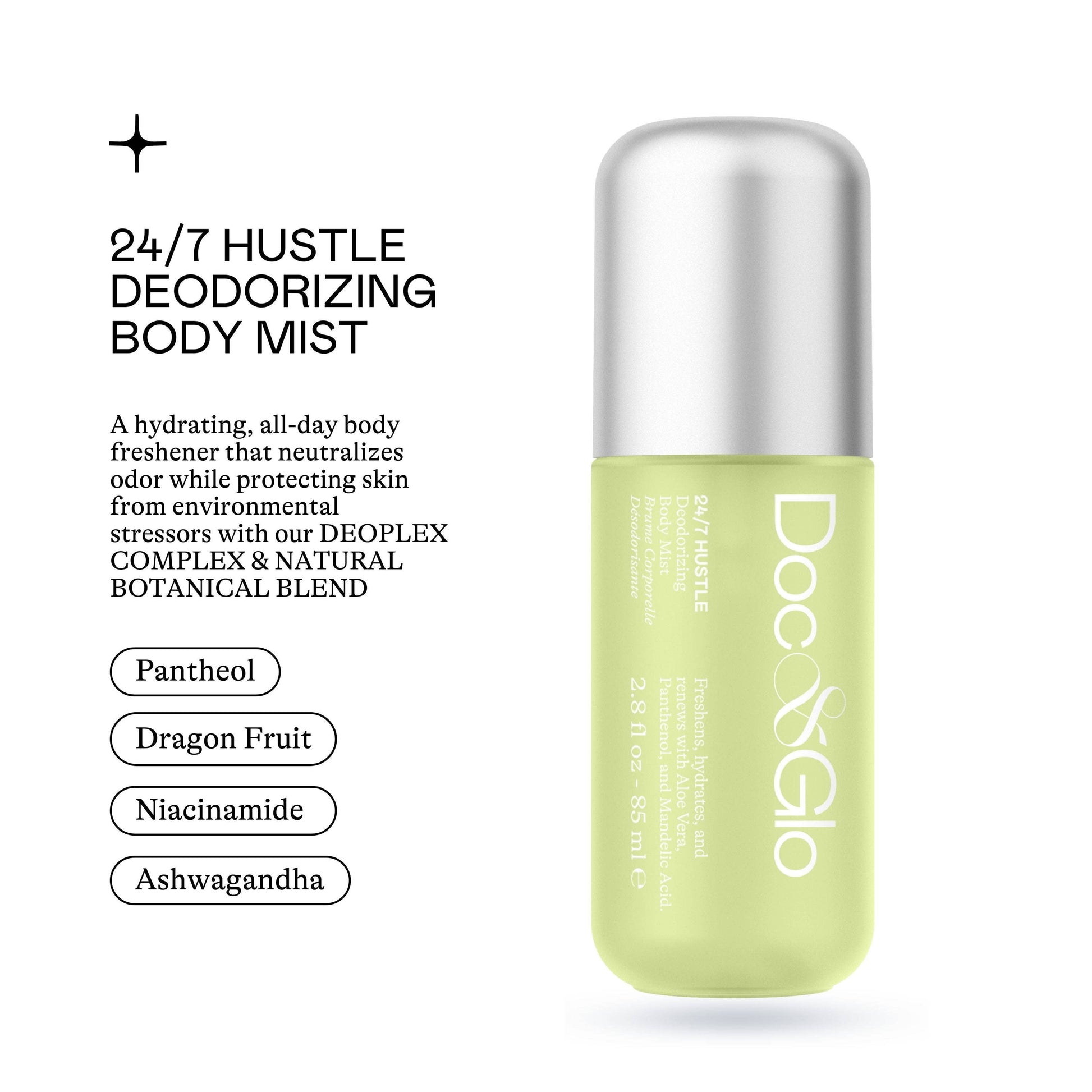 Green deodorizing body mist bottle with silver cap on a white background