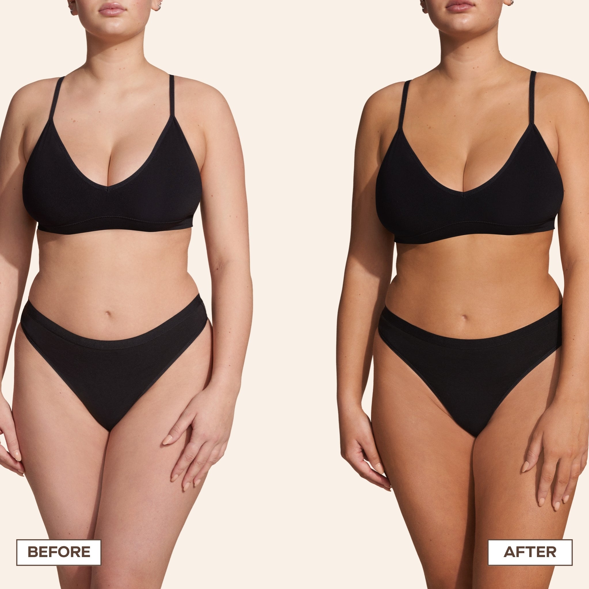 Before & After image of a model showing her self tanner results in front of a white background