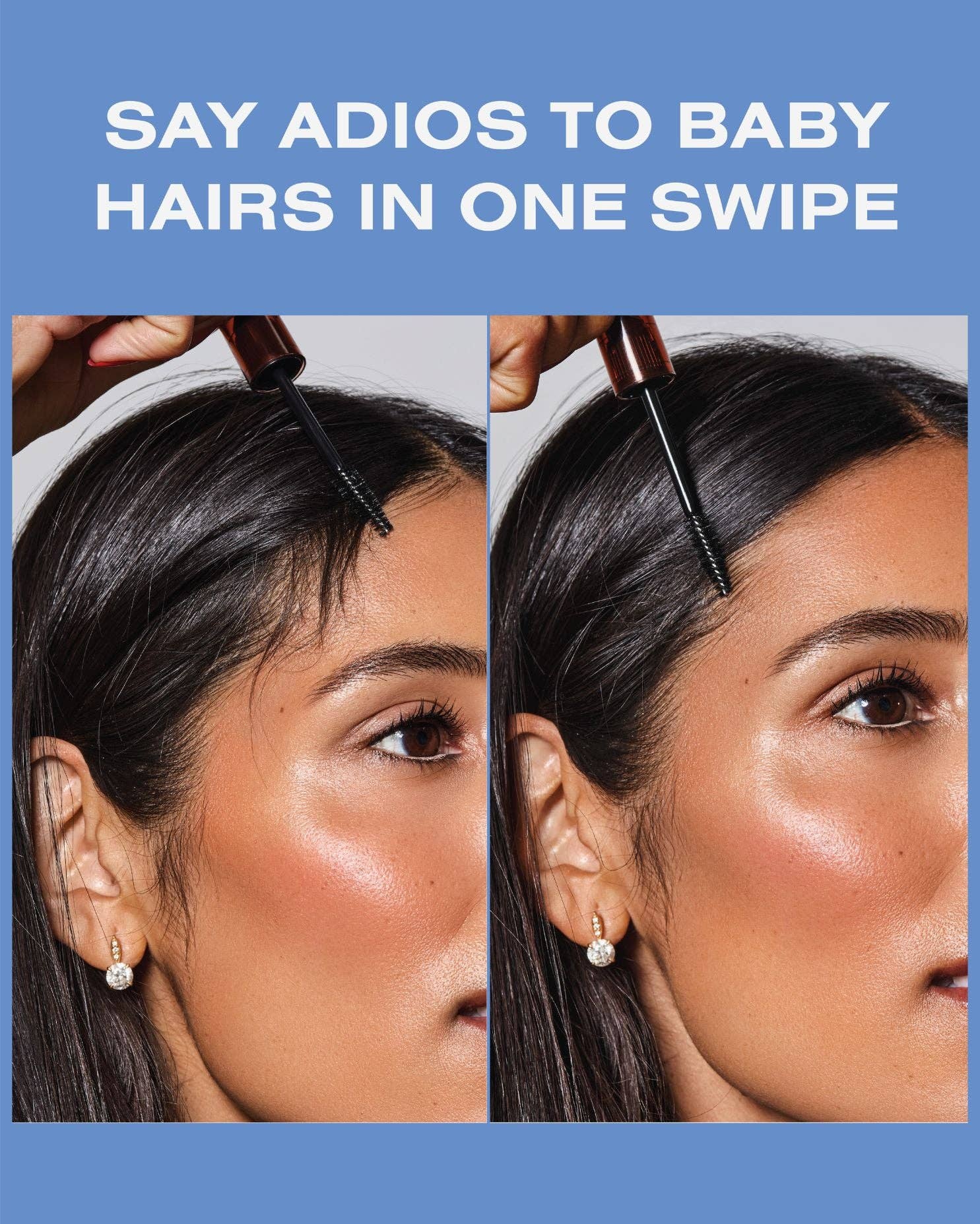 Product demonstration showing a hairbrush removing baby hairs from a person's head with text 'Say Adios to Baby Hairs in One Swipe' on a blue background.