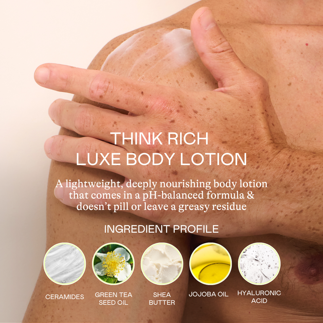 Hand applying lotion to skin with product description and ingredient list.
