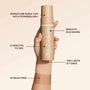 hand holding a nuda tanner against a beige backgorund with descriptive works surrounding it 