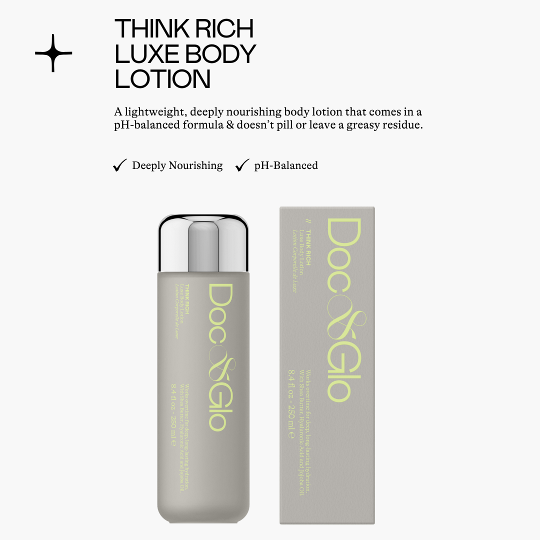 Think Rich Luxe Body Lotion with packaging on a white background