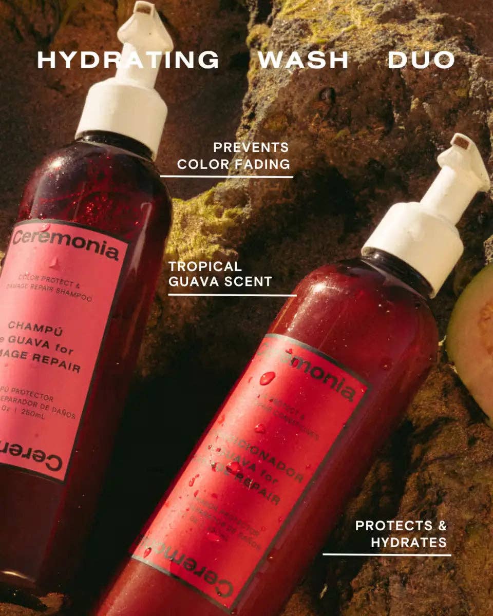 Two bottles of Ceremonia hair care products on a textured background with product details.