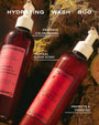 Two bottles of Ceremonia hair care products on a textured background with product details.