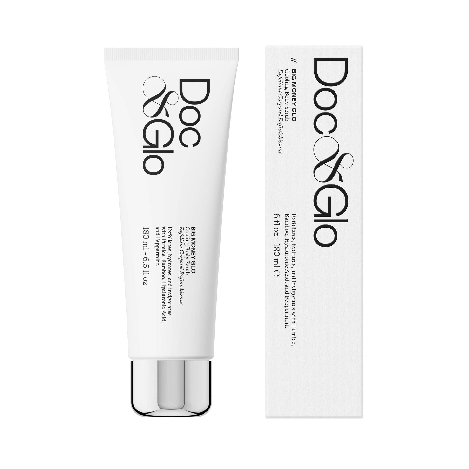 Glo Cooling Body Scrub product tube and packaging on a white background
