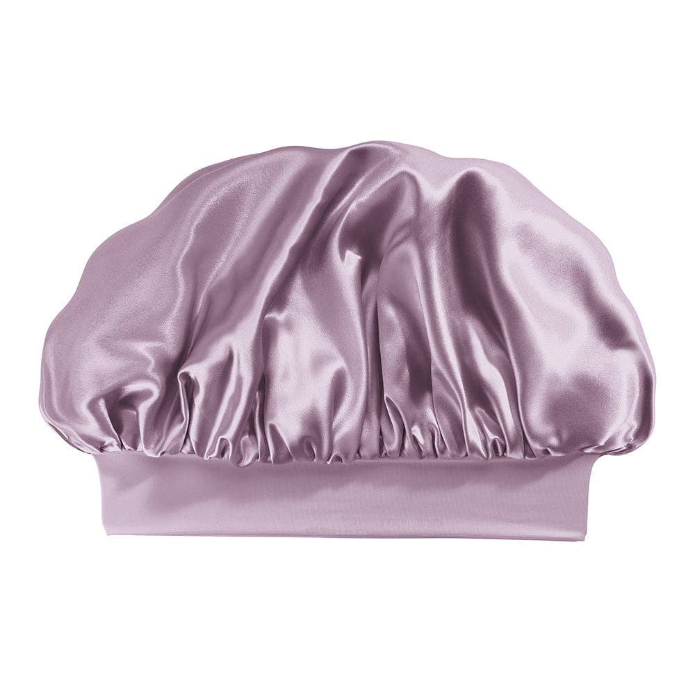 Purple satin bonnet on a white background