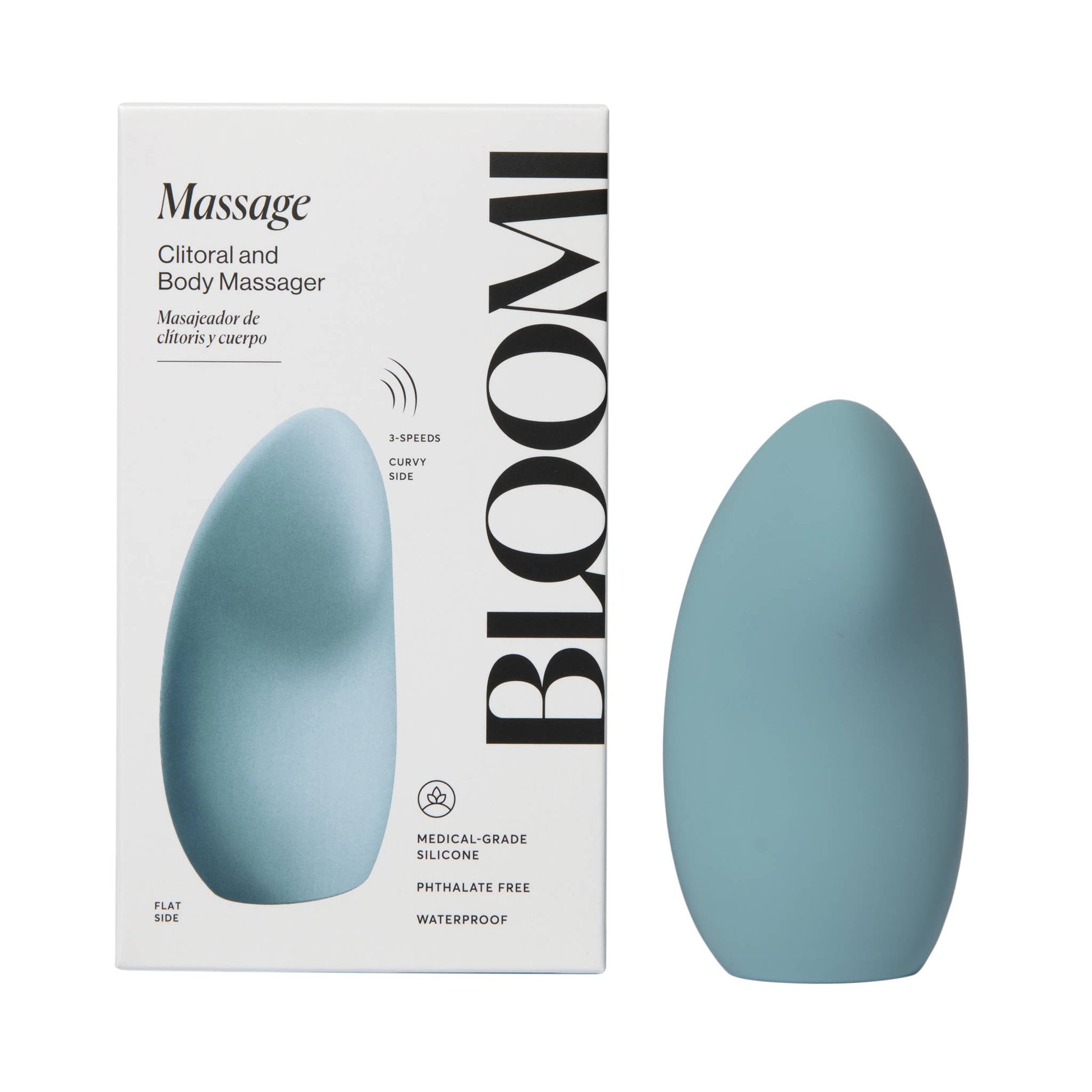 Blue body massager with packaging displaying the brand 'Bloom'.