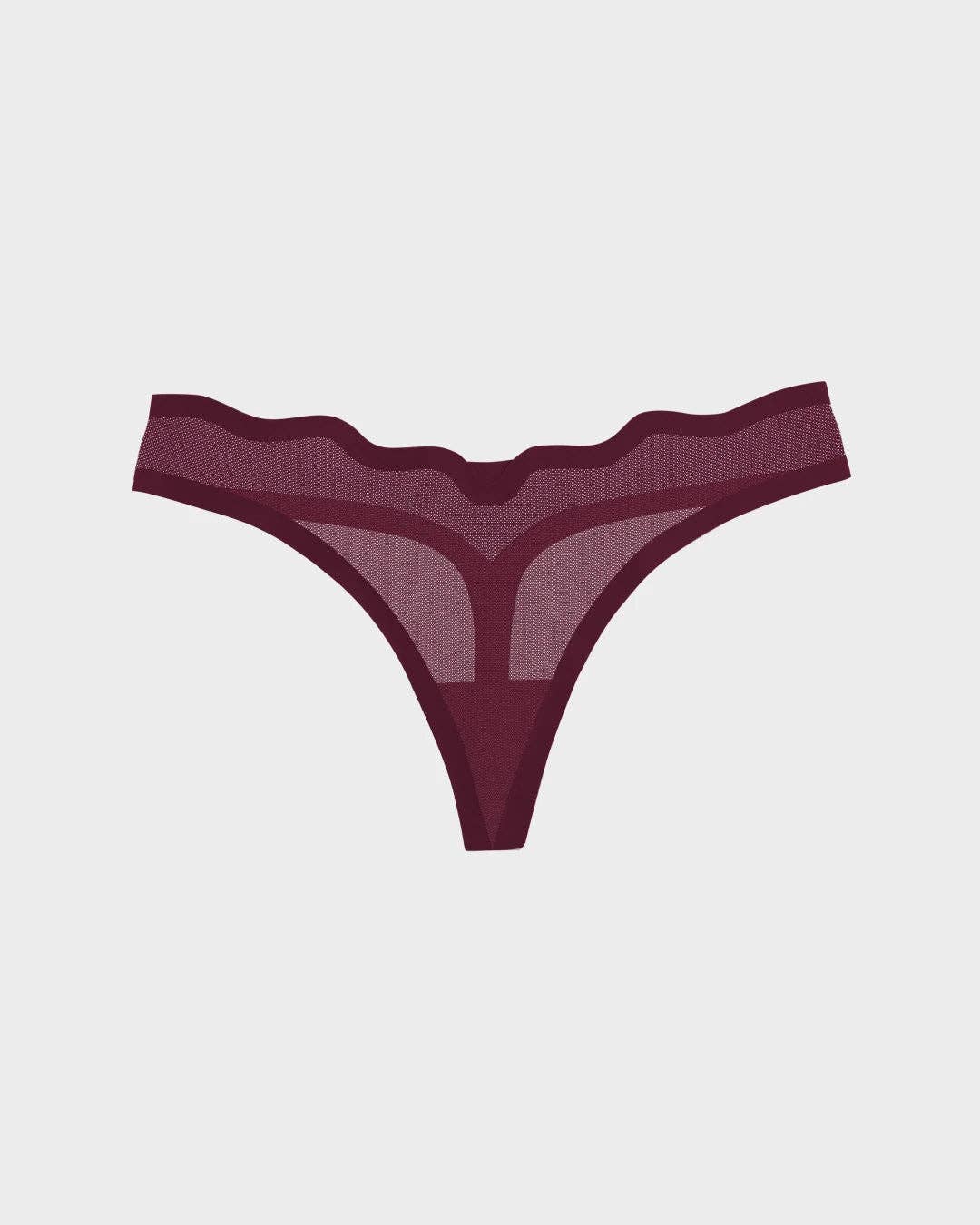 A pair of sheer mesh thong panties in a deep burgundy color, displayed flat against a light gray background.