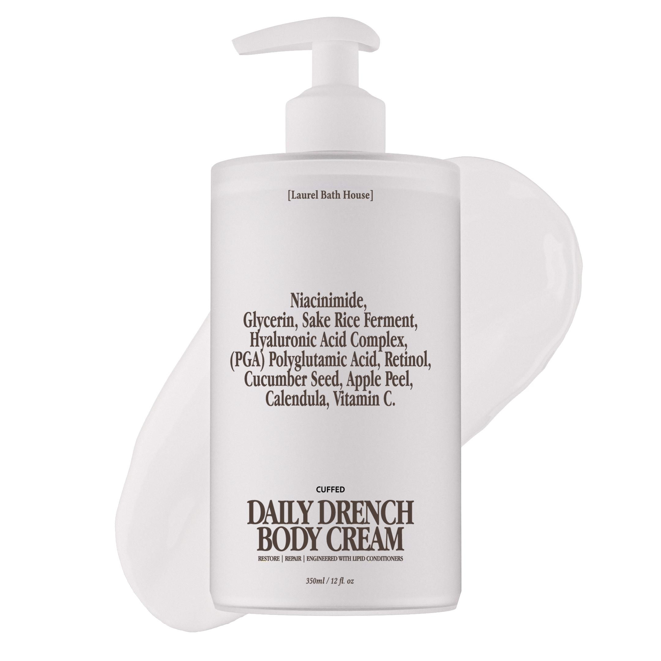 White body cream bottle with text on a white background