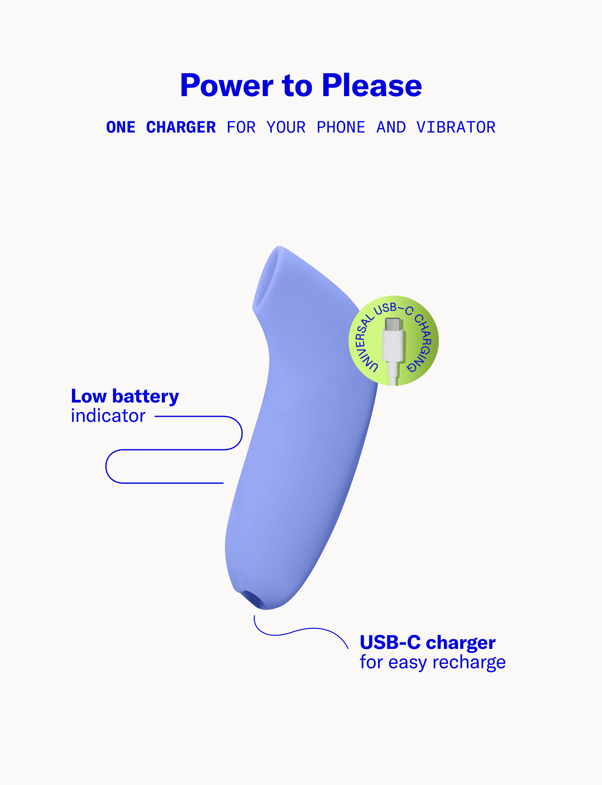 blue personal massager with USB-C charging cable on a white background, featuring text about power and charging.