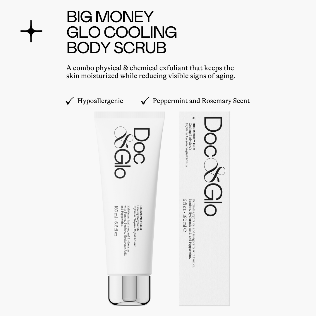 Big Money Glo Cooling Body Scrub with packaging on a white background