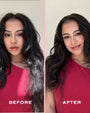 Before and after comparison of a woman with long hair, wearing a red top.