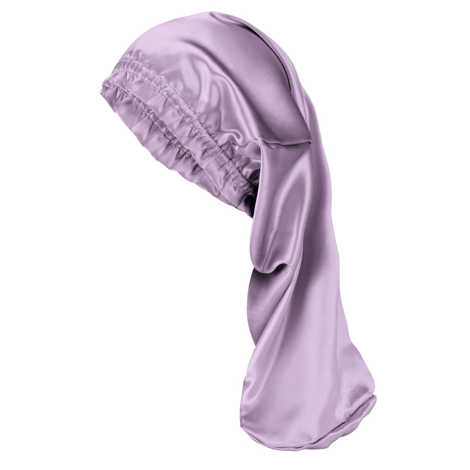 Lavender satin bonnet on a white background