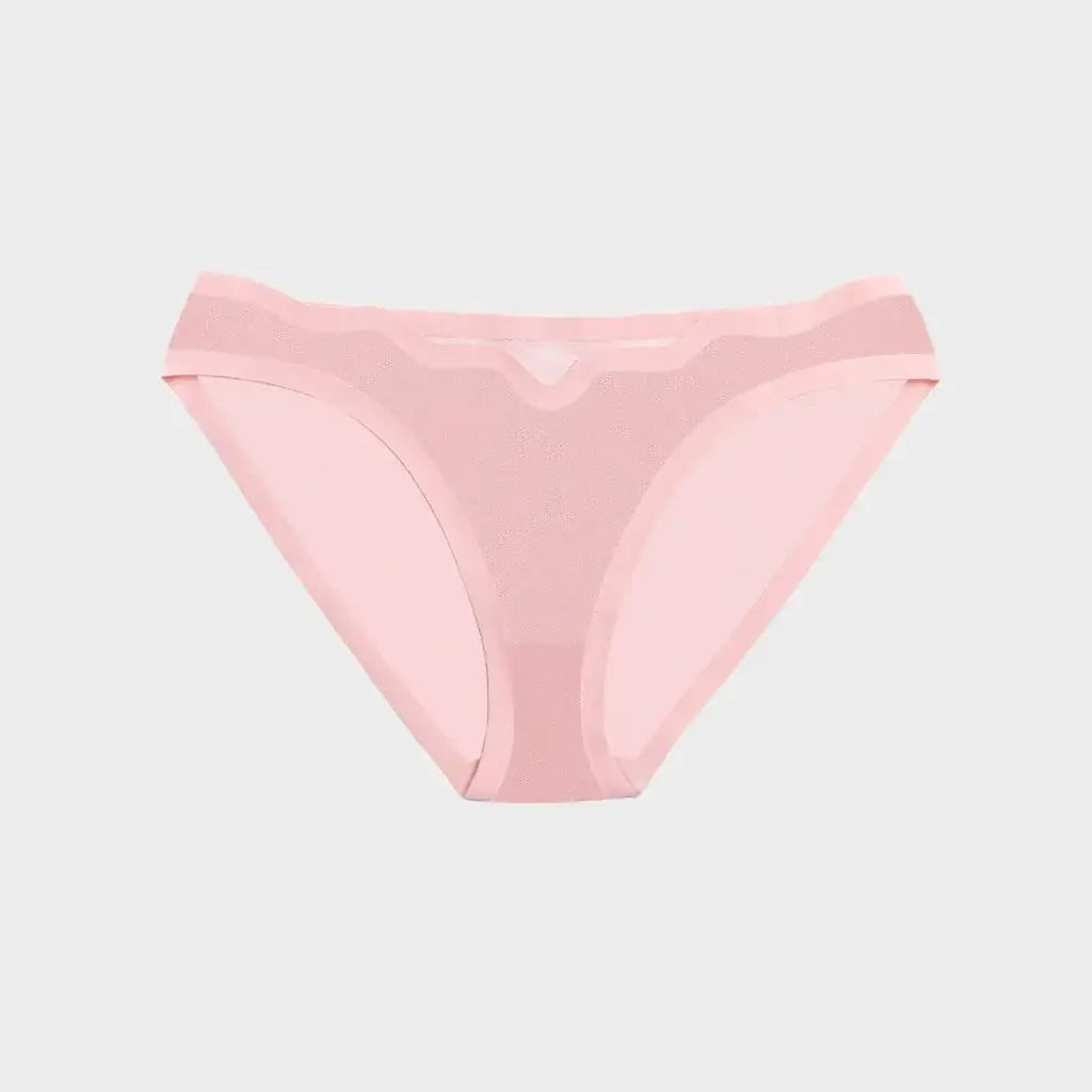 Light pink sheer mesh bikini briefs with a scalloped waistband, shown flat against a light gray background.
