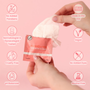 Hand holding a pink package labeled 'sweetums' with icons indicating product features on a pink background.