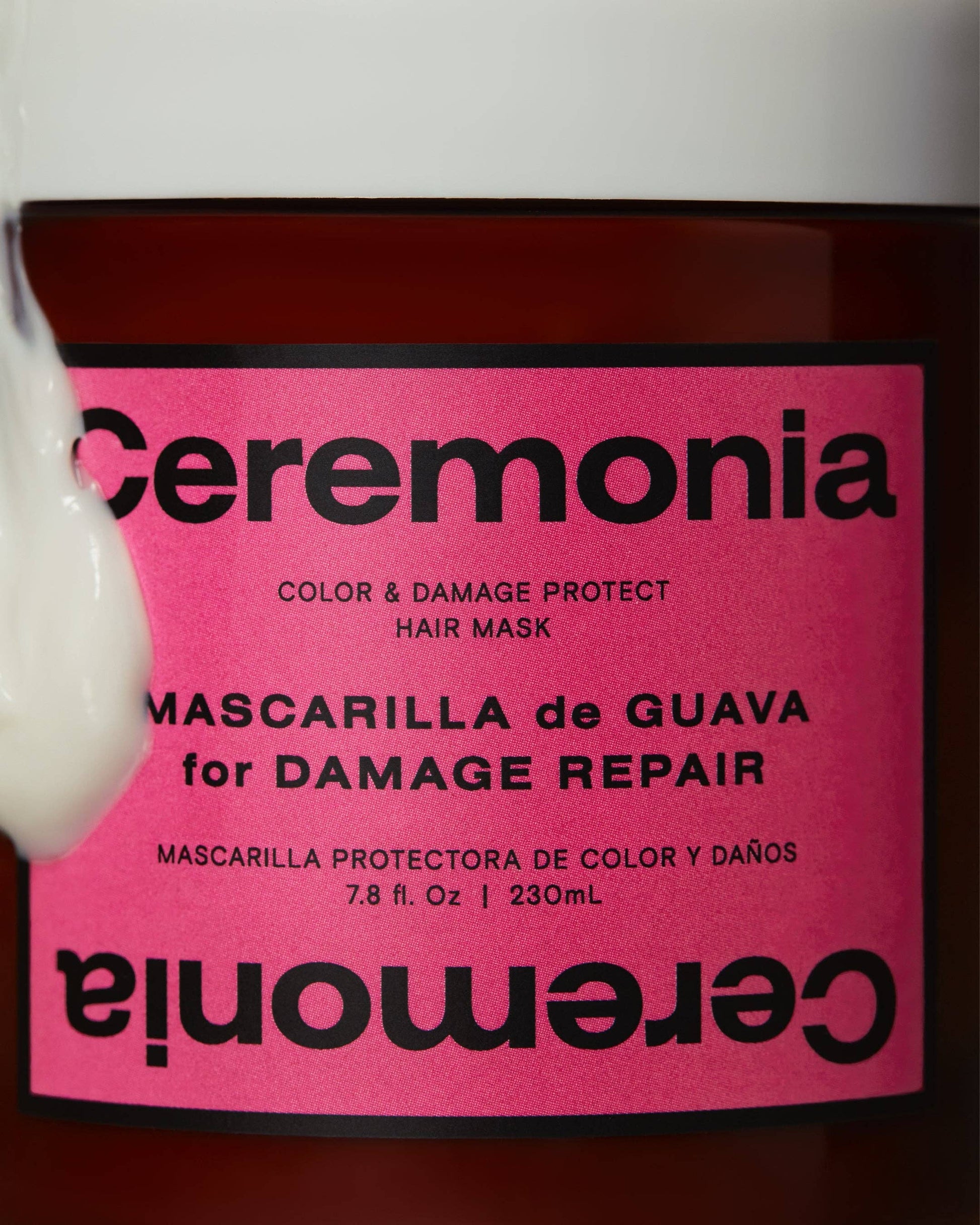 Ceremonia hair mask jar with pink label and white lid