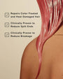 Hair care product with text highlighting benefits on a beige background
