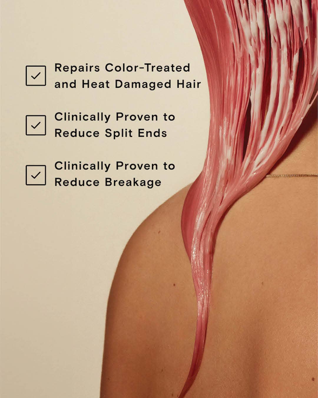 Hair care product with text highlighting benefits on a beige background