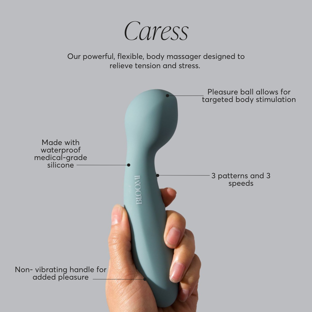 Body massager labeled 'Caress' held in a hand with features highlighted on a gray background