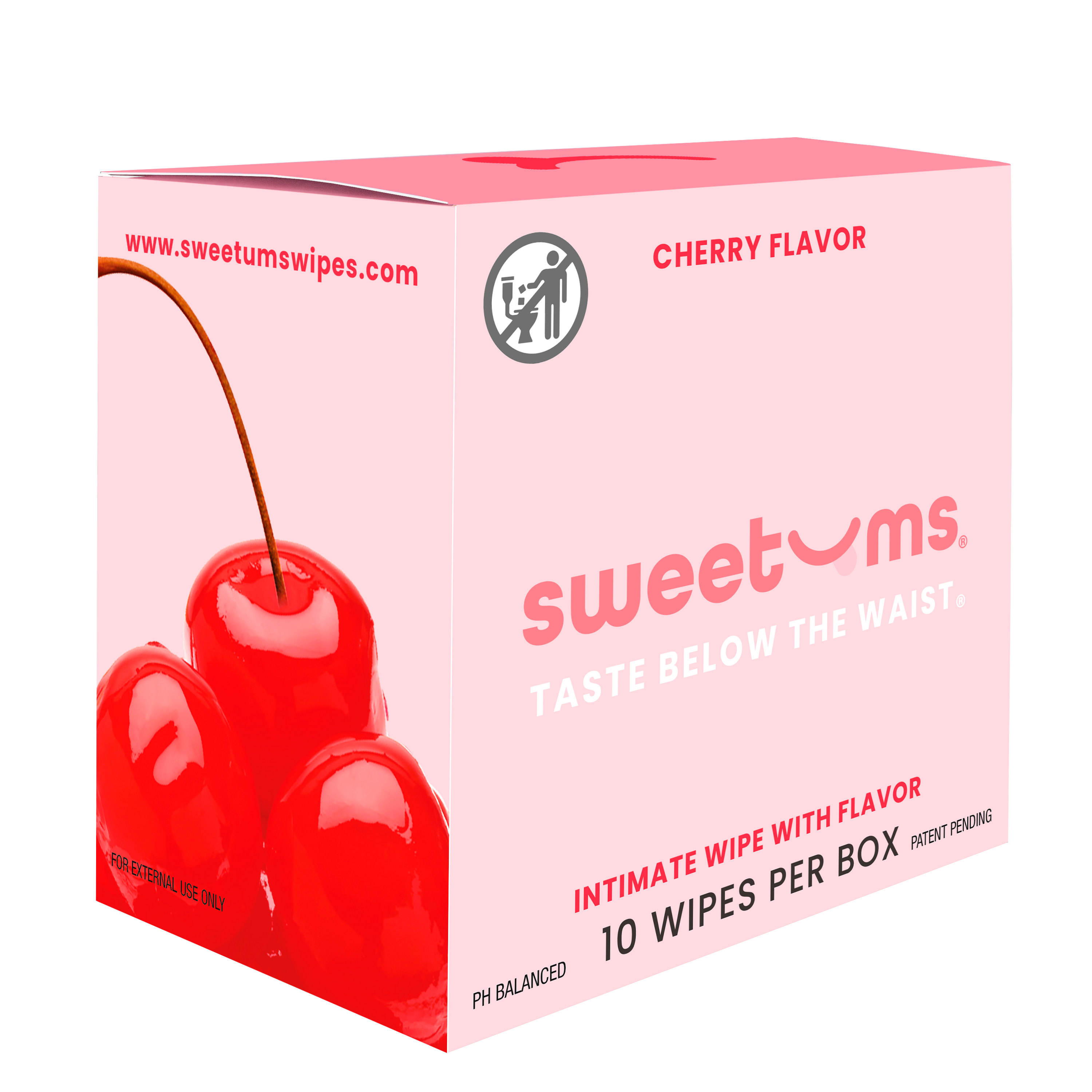 Box of sweetums cherry flavored intimate wipes on a white background