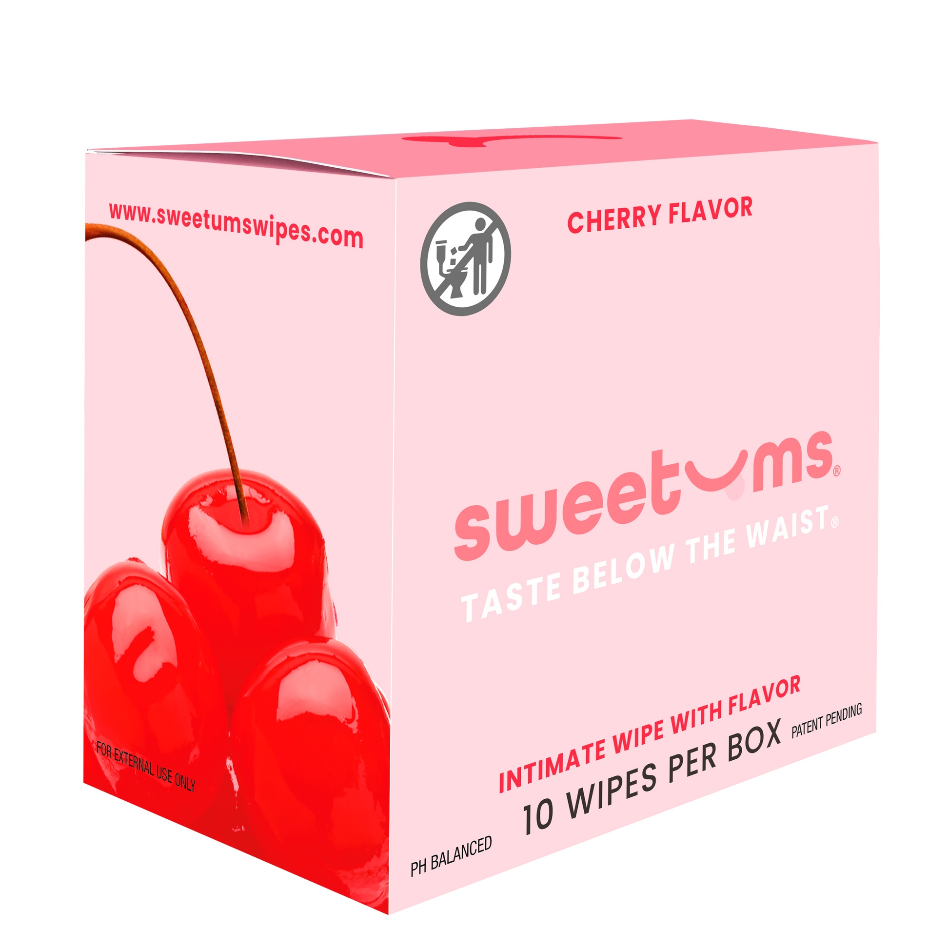 Box of sweetums cherry flavored intimate wipes on a white background