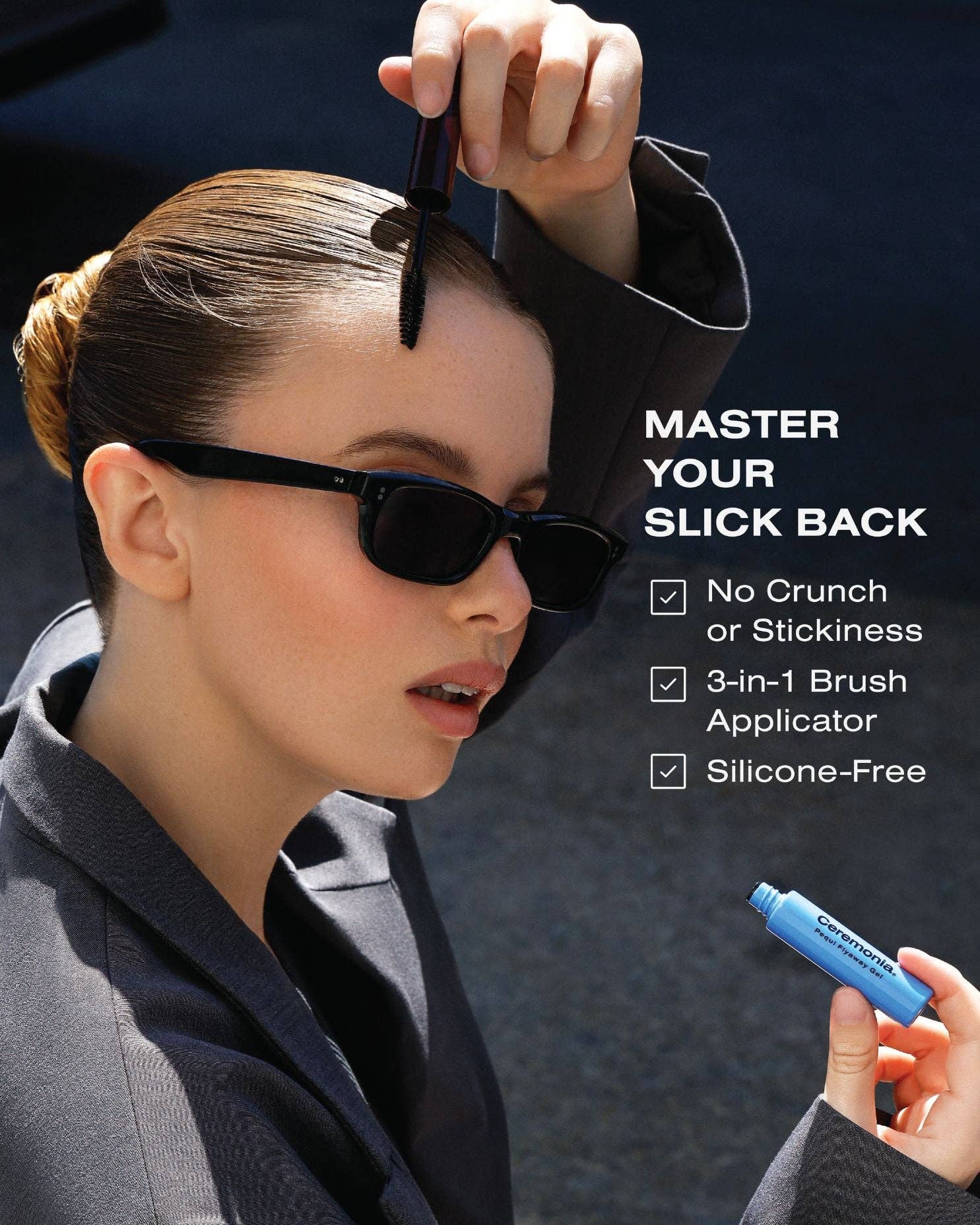 Woman with styled hair using the Pequi flyaway gel with text highlighting features.