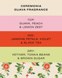 Ceremonia Guava Fragrance description with color swatches and floral elements.