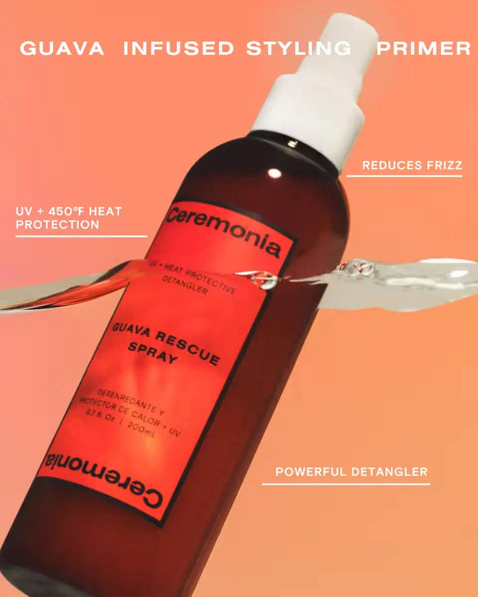 Ceremonia Guava Rescue Spray bottle on an orange background with product features highlighted.