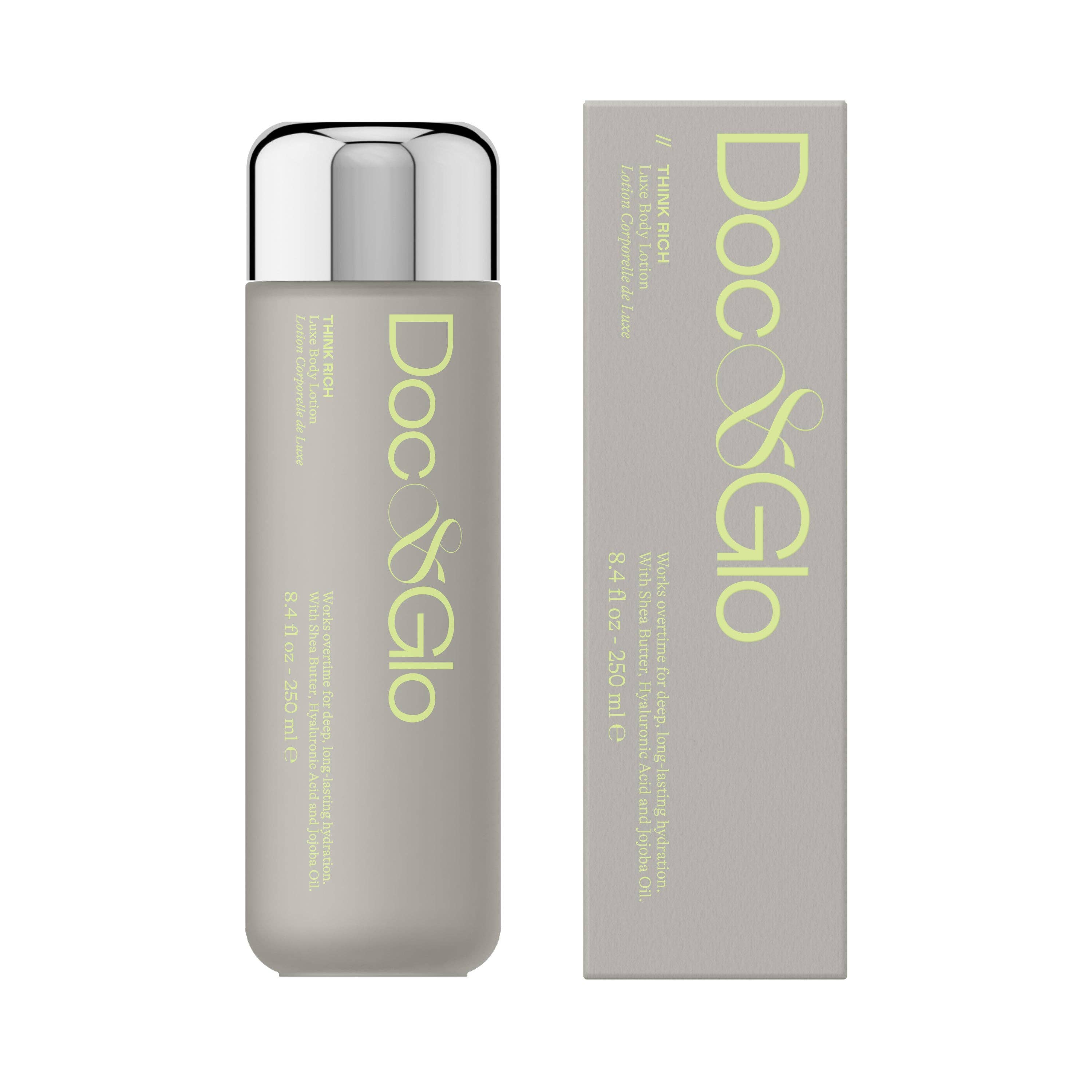 Doc & Glo skincare bottle and packaging on a white background