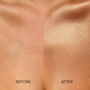 Before and after comparison of a bronzing body product on skin.