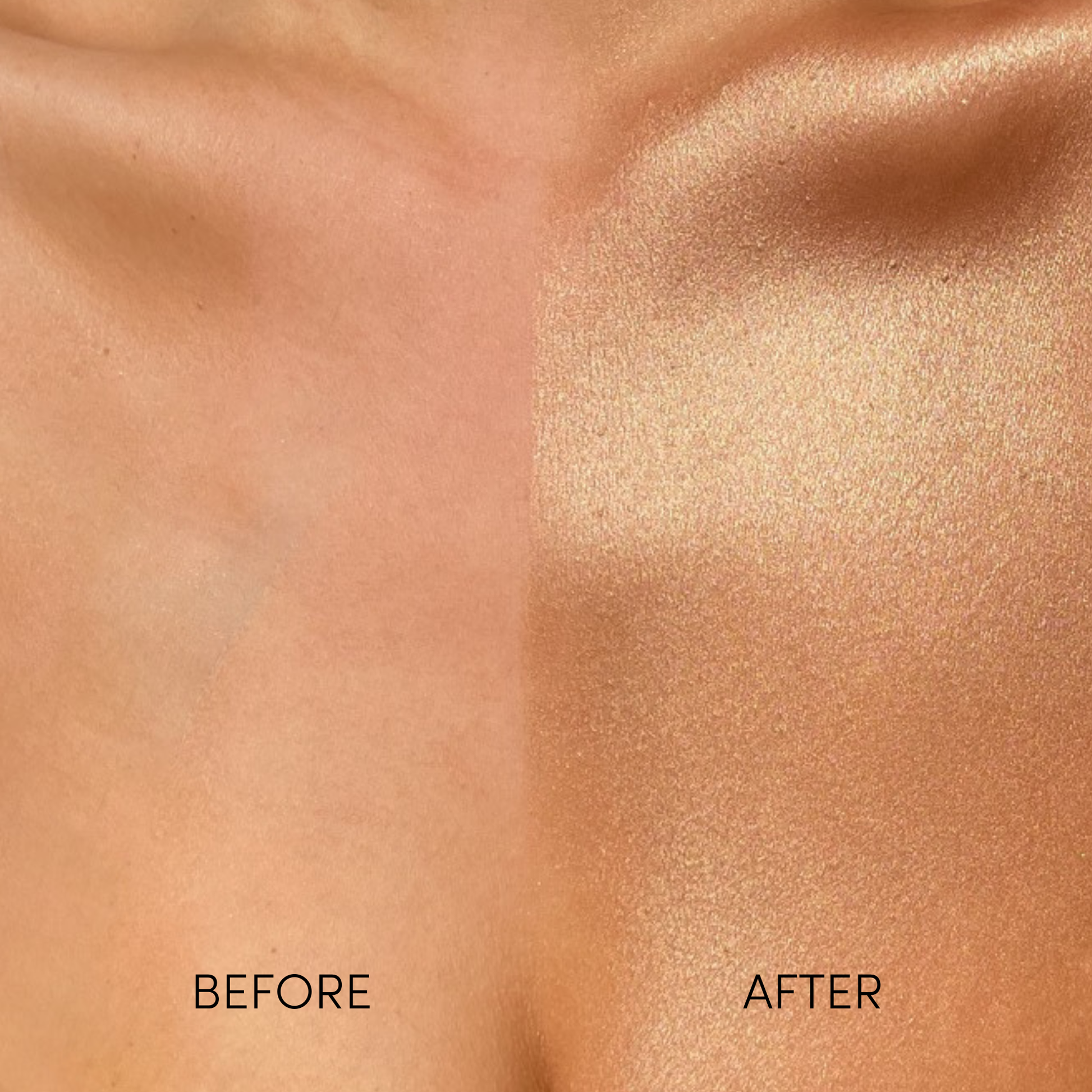 Before and after comparison of a bronzing body product on skin.