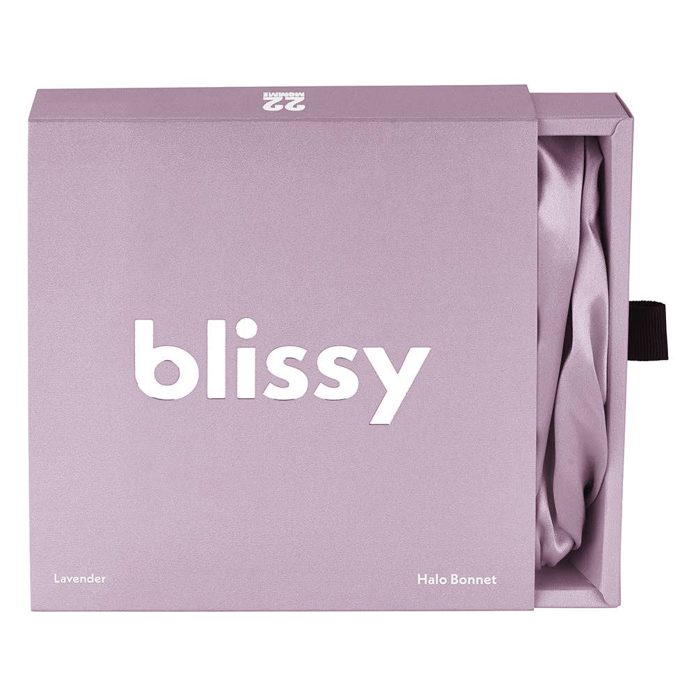 Lavender satin bonnet in a Blissy box on a white background