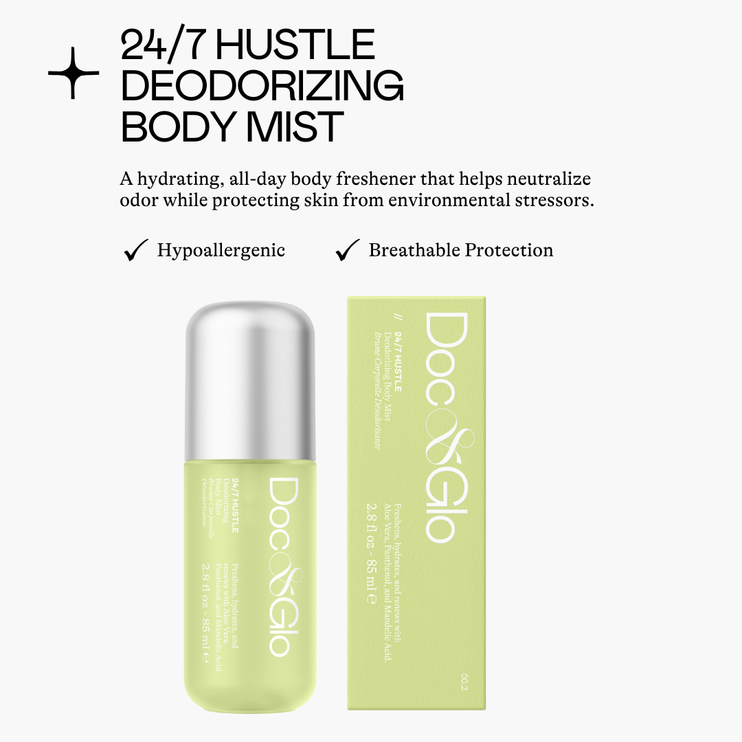 24/7 Hustle Deodorizing Body Mist with product and packaging on a white background