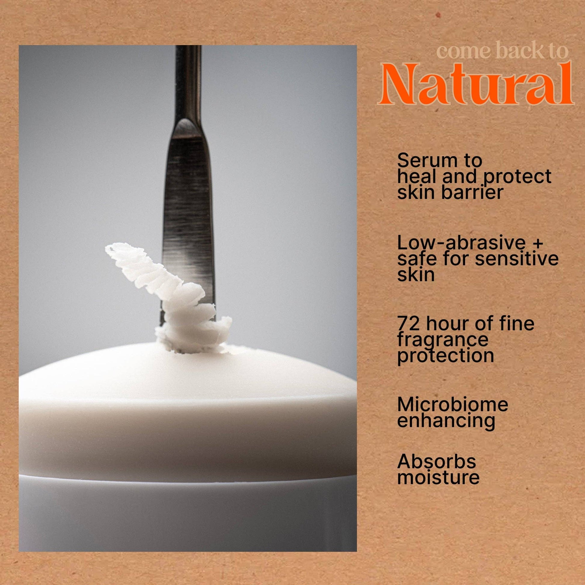 deodorant on a gray background, featuring text about product benefits.