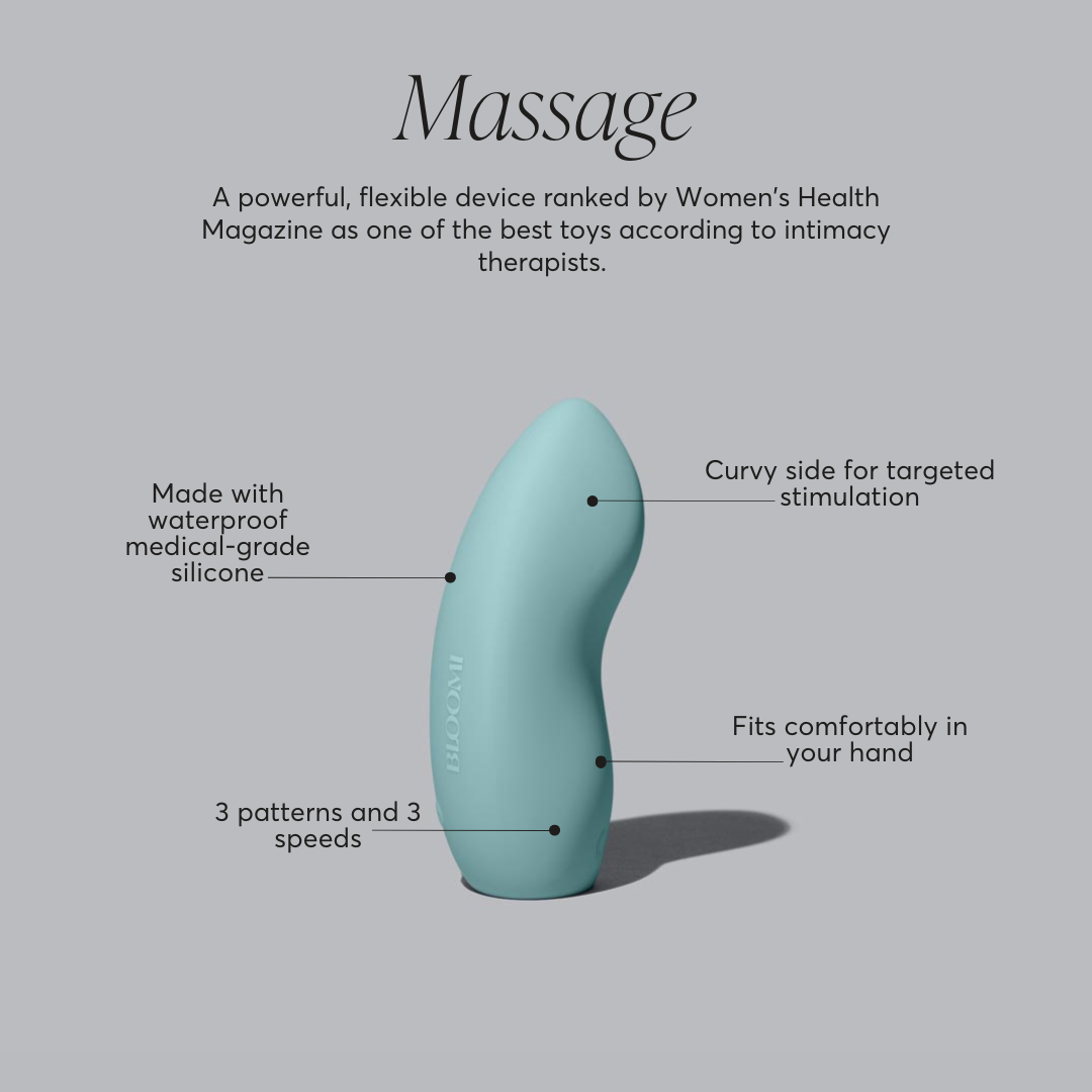 blue massage device with features highlighted on a gray background