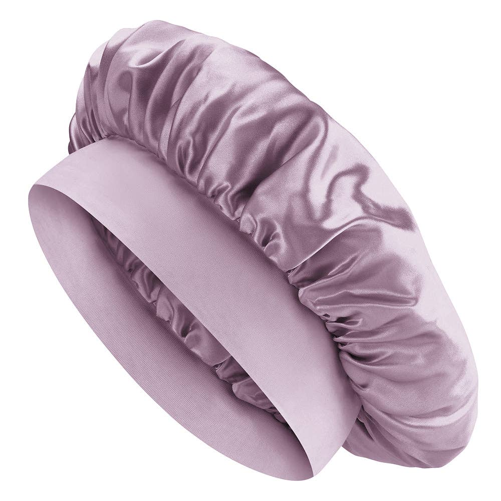 Purple satin hair bonnet on a white background
