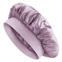 Purple satin hair bonnet on a white background
