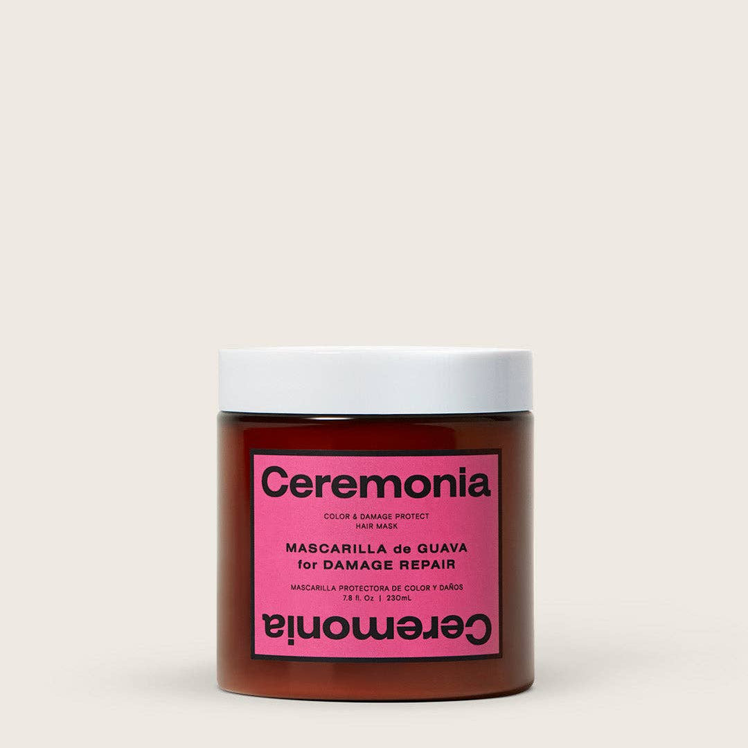 Ceremonia hair mask jar with pink label on a white background