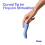 Hand holding a blue curved personal massager 'Dame' branding on a white background