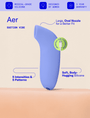 blue personal massager with features highlighted on a beige background