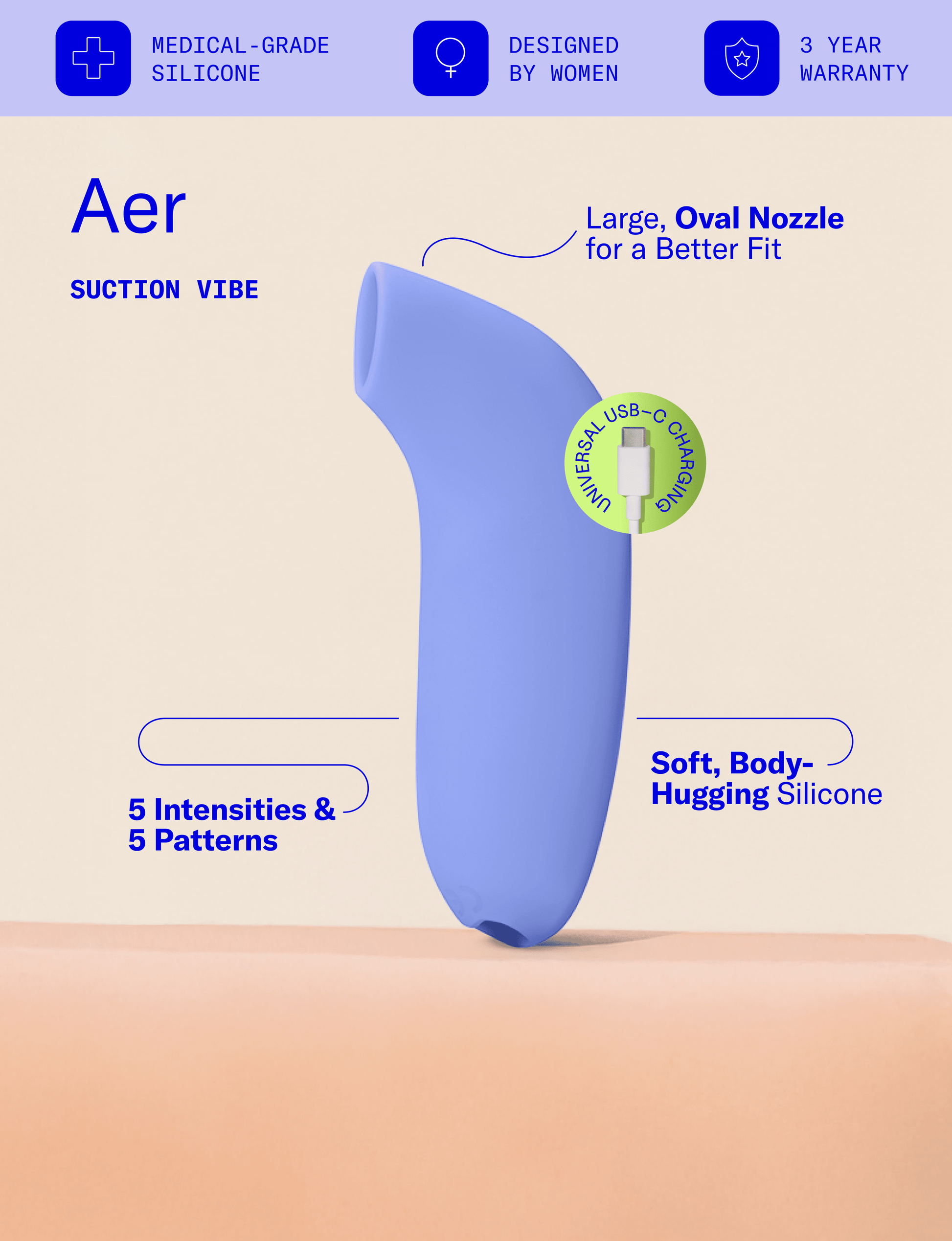 blue personal massager with features highlighted on a beige background