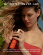 Woman applying hair product with text about UV protection for hair.