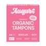 Pink box of August Organic Tampons on a white background