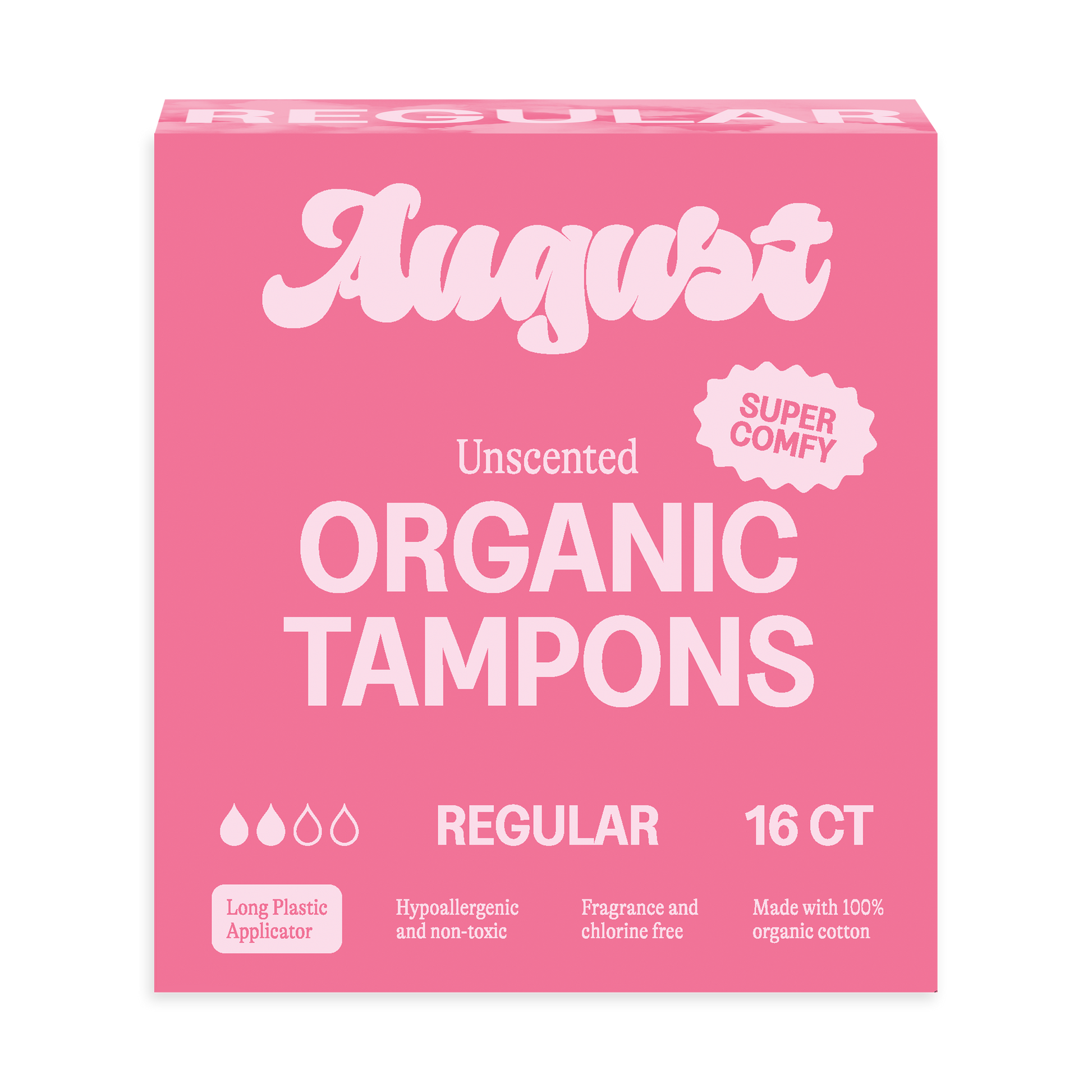 Pink box of August Organic Tampons on a white background