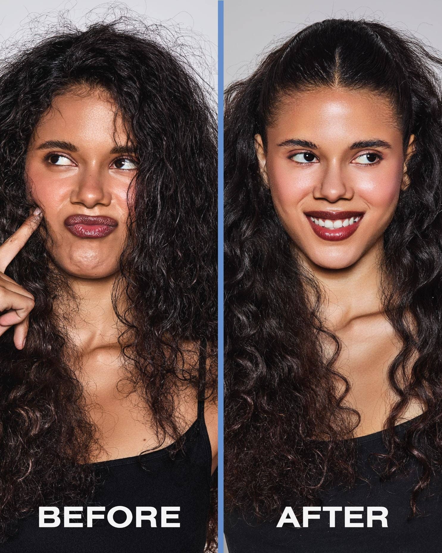 Before and after comparison of a woman with curly hair, labeled 'Before' and 'After'.