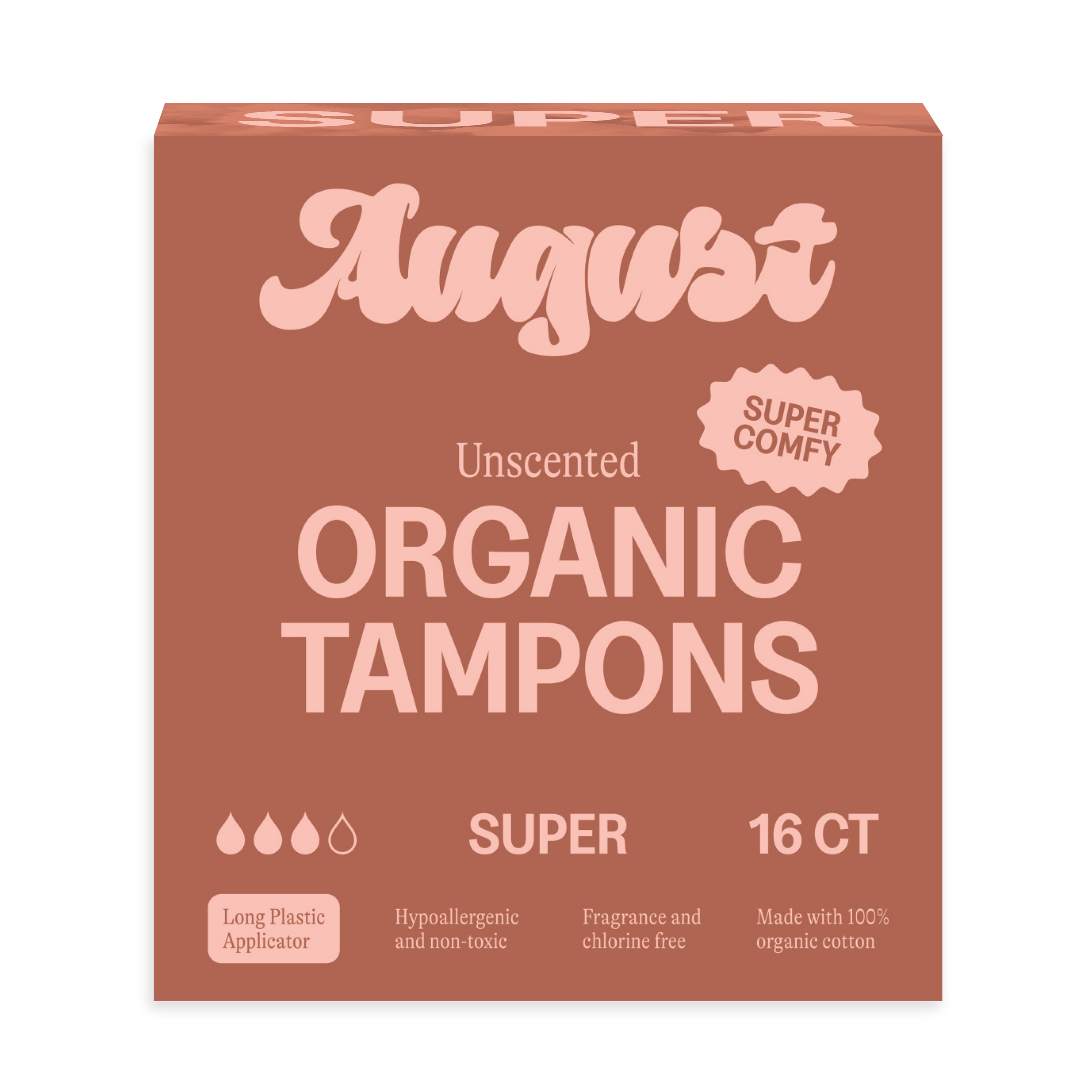Box of August Organic Tampons on a white background