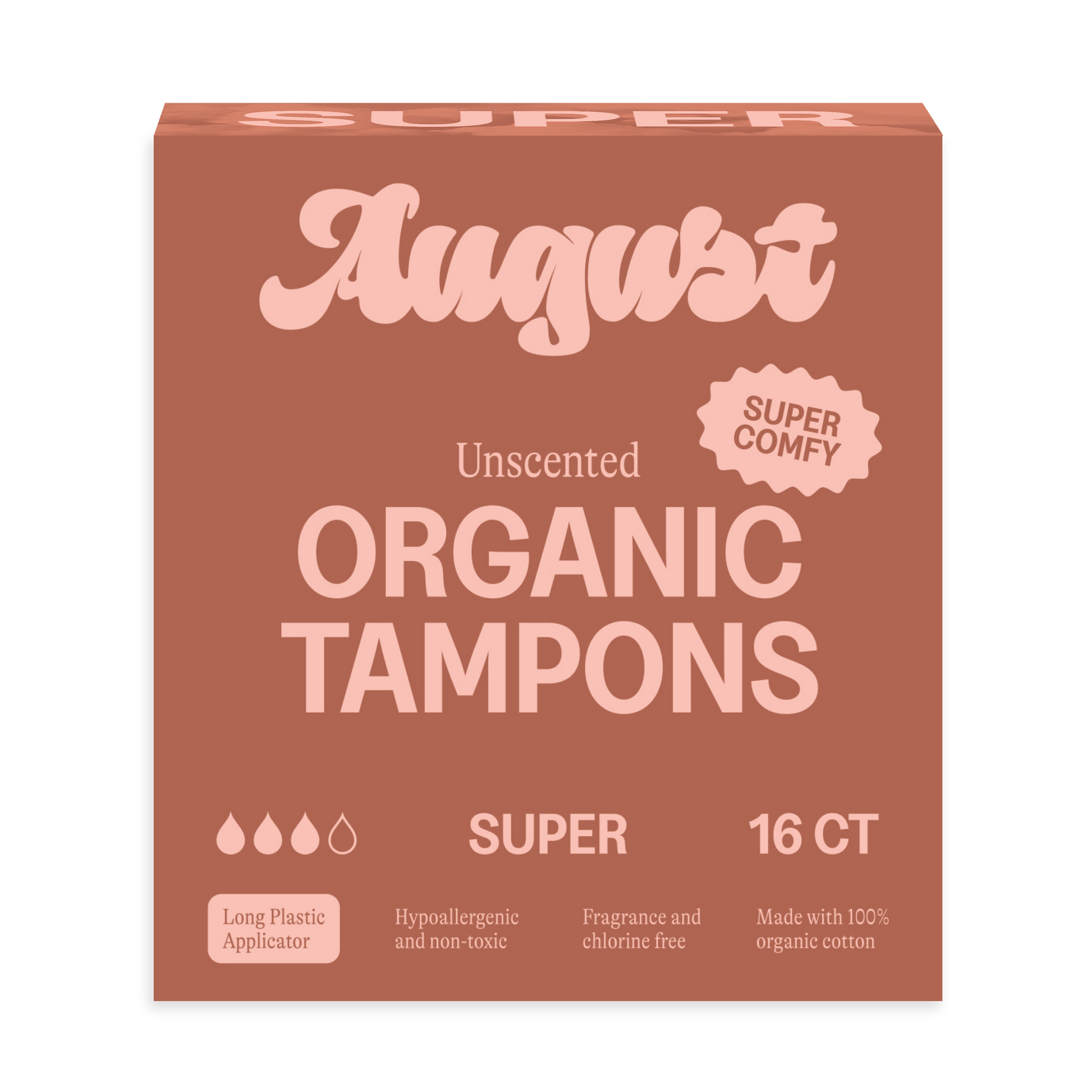Box of August Organic Tampons on a white background